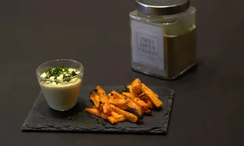 DIP DE MAYONESA GREEN SIN HUEVO CON COLIFLOR Y BONIATO ASADO